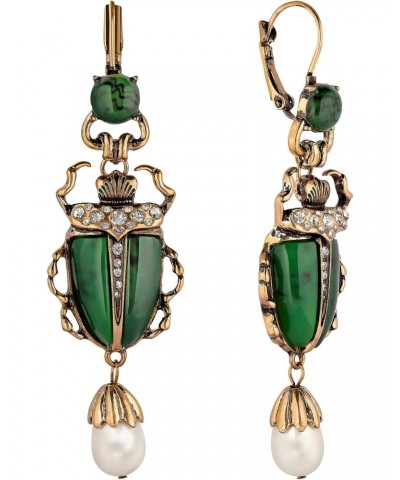 Green Scarab Earrings, Unique Egyptian Art Deco Revival Dangle Earrings with Dangling Freshwater Pearl Drop, Vintage Costume ...