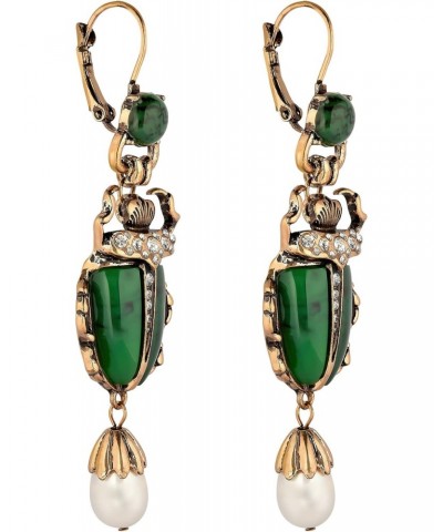 Green Scarab Earrings, Unique Egyptian Art Deco Revival Dangle Earrings with Dangling Freshwater Pearl Drop, Vintage Costume ...