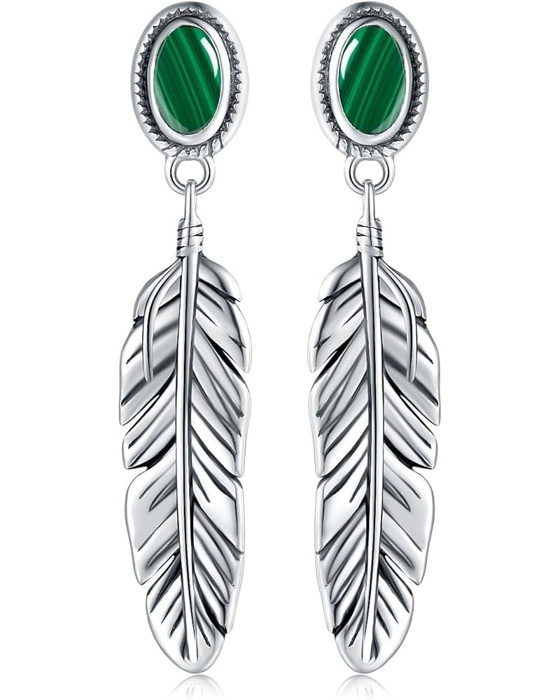 925 Sterling Silver Turquoise Stone Feather Dangle Stud Earrings for Women Hypoallergenic Western Style Malachite Feather Stu...