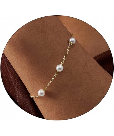 Dainty Bracelets for Women 14K Gold Plated Tiny Pearl Sideways Cross CZ Leave Adjustable Chain Bracelet Minimalist Jewelry fo...