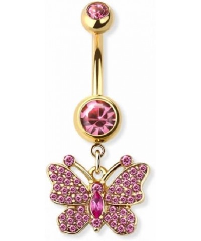 14GA 316L Stainless Steel Pink CZ Crystal Butterfly Dangling Belly Button Ring Gold Tone $9.73 Body Jewelry