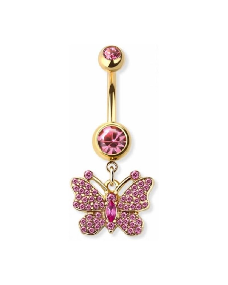 14GA 316L Stainless Steel Pink CZ Crystal Butterfly Dangling Belly Button Ring Gold Tone $9.73 Body Jewelry