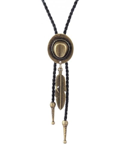 Bolo tie- Handmade Hat Feather Western Cowboy Black Vintage Pendant for Women,Men Bronze $9.49 Necklaces