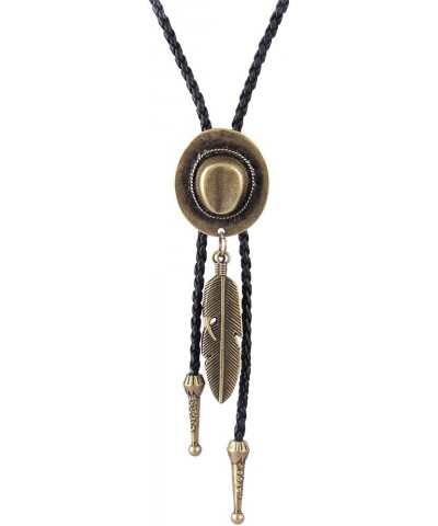 Bolo tie- Handmade Hat Feather Western Cowboy Black Vintage Pendant for Women,Men Bronze $9.49 Necklaces