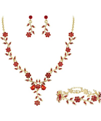 Women's Wedding Jewelry Leaf Cluster Flower Crystal Dangle Earrings Pendant Necklace Set for Bridal 3Pcs-Ruby Color Gold-Tone...