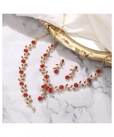 Women's Wedding Jewelry Leaf Cluster Flower Crystal Dangle Earrings Pendant Necklace Set for Bridal 3Pcs-Ruby Color Gold-Tone...