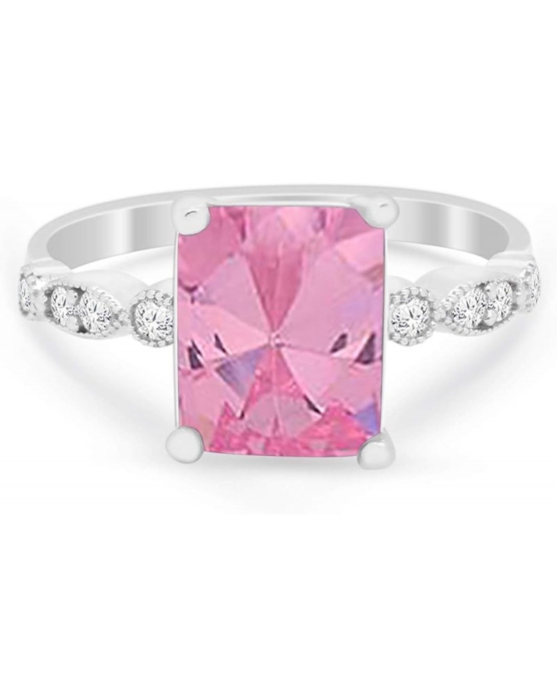 Art Deco Shank Radiant Cut Cubic Zirconia Accent 925 Sterling Silver Wedding Engagement Ring Simulated Pink Cubic Zirconia $1...