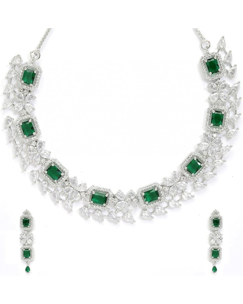 Women Rhodium-Plated with Silver-Toned Green and American Diamond Studded Necklace and Earrings Jewellery Set Green $29.25 Je...