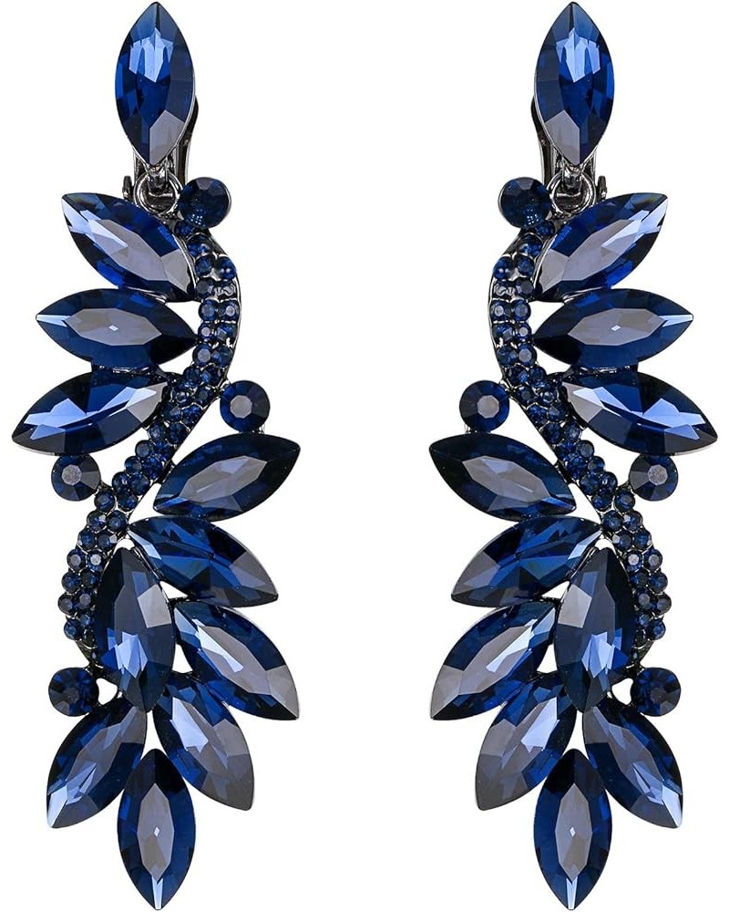 Women's Wedding Bridal Crystal Multi Marquise Filigree Flower Chandelier Clip-On Dangle Earrings Navy Blue Black-Tone $10.07 ...