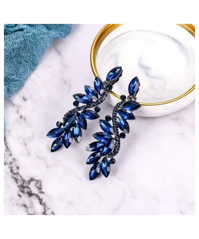 Women's Wedding Bridal Crystal Multi Marquise Filigree Flower Chandelier Clip-On Dangle Earrings Navy Blue Black-Tone $10.07 ...