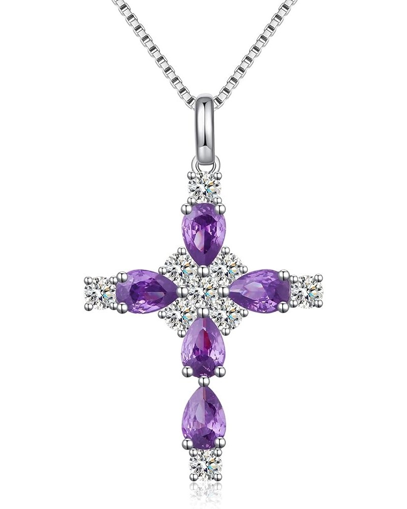 18K White Gold Plated Elegant Birthstone Cross Necklace for Women Girls 925 Sterling Silver Cubic Zirconia Cross Necklace,Ros...