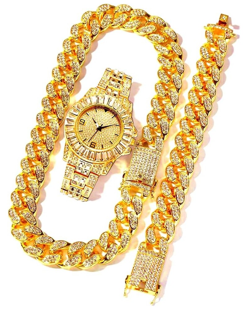 Hip Hop 13MM 3PCS KIT Watch+Necklace+Bracelet Bling AAA+ Iced Out Alloy Rhinestones Miami Cuban Link Chains for Men Women Jew...