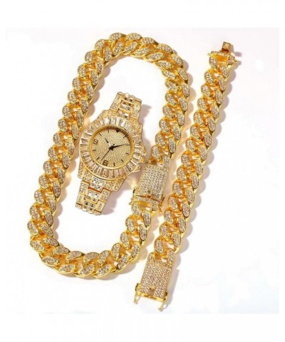 Hip Hop 13MM 3PCS KIT Watch+Necklace+Bracelet Bling AAA+ Iced Out Alloy Rhinestones Miami Cuban Link Chains for Men Women Jew...