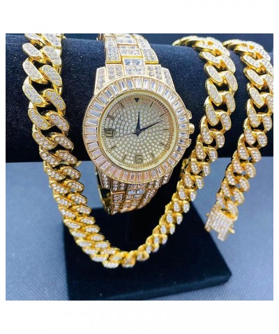 Hip Hop 13MM 3PCS KIT Watch+Necklace+Bracelet Bling AAA+ Iced Out Alloy Rhinestones Miami Cuban Link Chains for Men Women Jew...