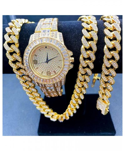 Hip Hop 13MM 3PCS KIT Watch+Necklace+Bracelet Bling AAA+ Iced Out Alloy Rhinestones Miami Cuban Link Chains for Men Women Jew...