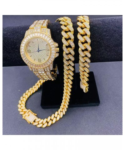 Hip Hop 13MM 3PCS KIT Watch+Necklace+Bracelet Bling AAA+ Iced Out Alloy Rhinestones Miami Cuban Link Chains for Men Women Jew...