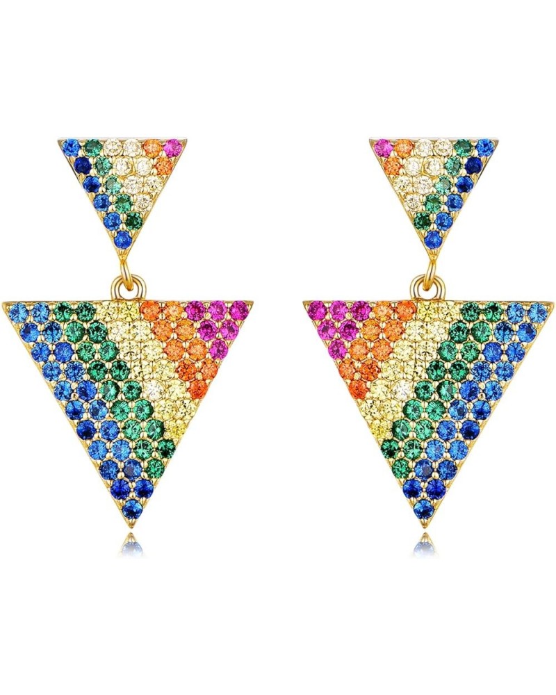 Rainbow Earrings for Women 14k Gold Plated Dangle Earrings Triangle Round Geometric Earrings with Colorful Cubic Zirconias Tr...