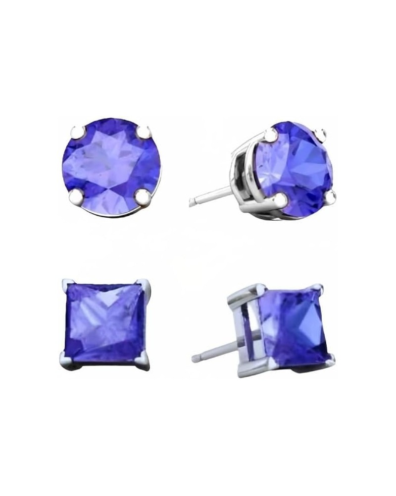 18k White Gold 2 Pair Created Tanzanite 6mm Round & Princess Cut Stud Earrings Plated $10.29 Earrings