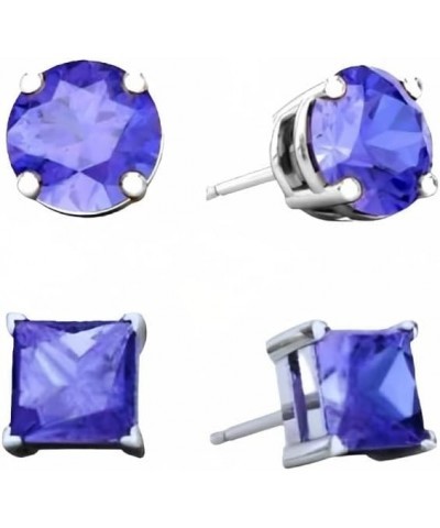 18k White Gold 2 Pair Created Tanzanite 6mm Round & Princess Cut Stud Earrings Plated $10.29 Earrings