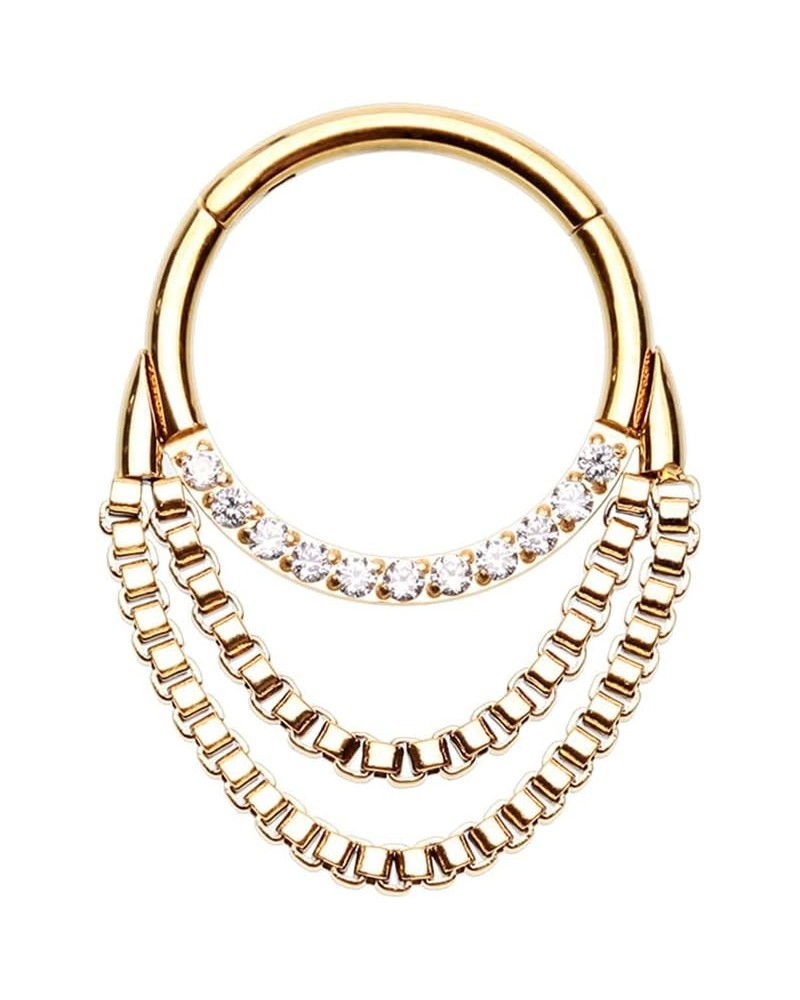 16GA Stainless Steel CZ Crystal Lined Hoop with Double Dangling Chains Hinged Segment Ring Gold Tone $13.94 Body Jewelry