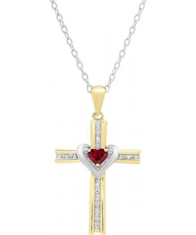 4mm Heart Lab Created Gemstone & Round Natural Diamond Heart Cross Pendant with 18 inch Silver Chain for Her in Two Tone Gold...