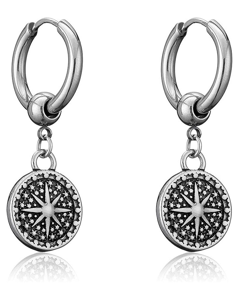 Vintage Coin Star Drop Dangle Small Hoop Earrings for Women Girls Stainless Steel Round Charm Compass Dangling Cuff Cartilage...