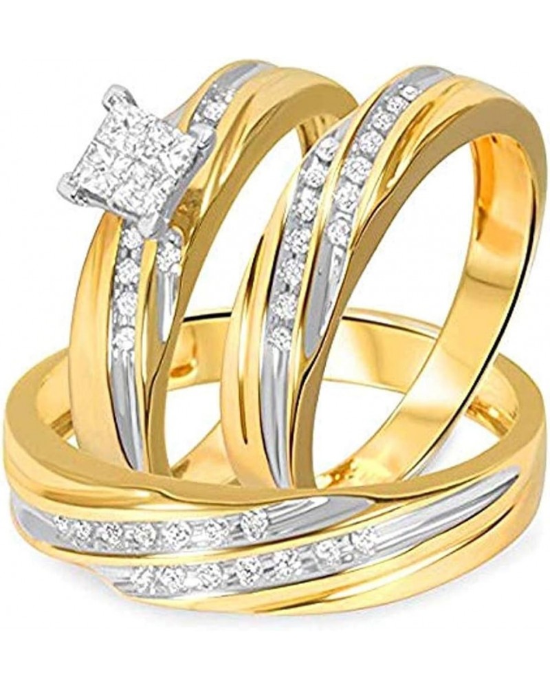 Princess D/VVS1 Diamond 14K Two-Tone Gold Plated 925 Sterling Silver Bridal Wedding Trio Ring Set for Him & Her Women Size 12...