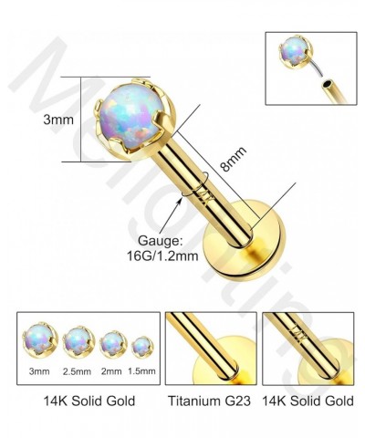 14K Solid Gold Flat Back Earring Titanium Opal Cartilage Earring 16G Gold Threadless Earring Helix Piercing Jewelry Labret Je...