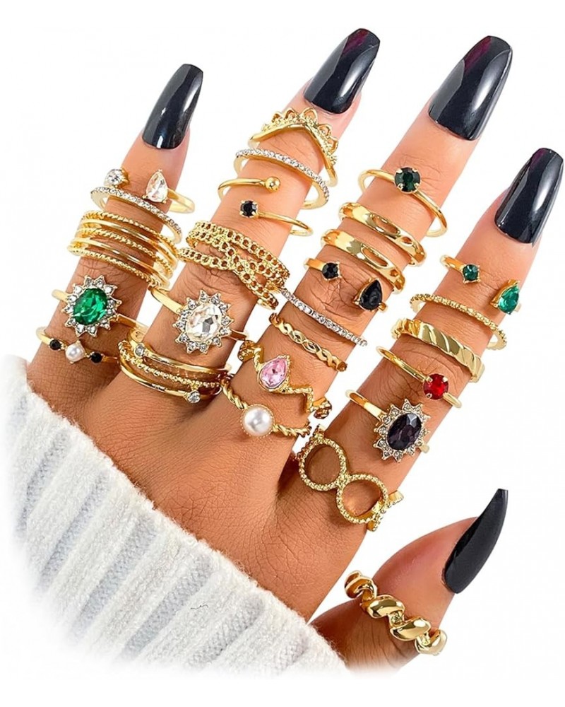 Gold Boho Sparkle Knuckle Rings Set For Women Girl, Vintage Fashion Aesthetic Trendy Joint Snake Ring Pack, Retro Green Black...