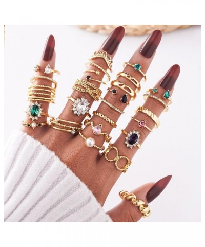 Gold Boho Sparkle Knuckle Rings Set For Women Girl, Vintage Fashion Aesthetic Trendy Joint Snake Ring Pack, Retro Green Black...