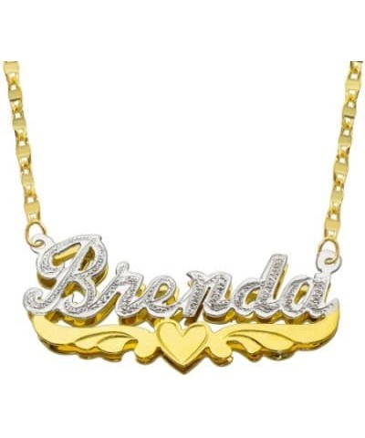 14K Two Tone Color Solid Yellow Gold Personalized Custom Double Plate 3D Name Necklace with Heart and Wings Designs Hammer Ch...