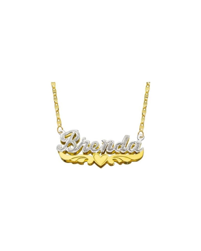 14K Two Tone Color Solid Yellow Gold Personalized Custom Double Plate 3D Name Necklace with Heart and Wings Designs Hammer Ch...