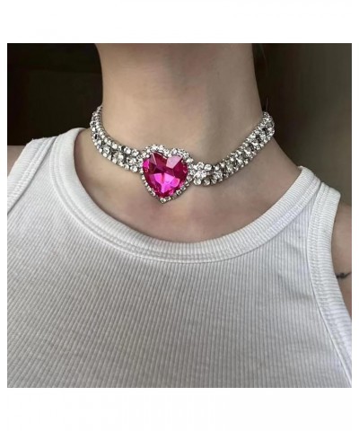 Rhinestone Heart Choker Necklace for Women Dainty Crystal Big Heart Necklace Pink Heart Statement Necklace for Women Girls Bi...