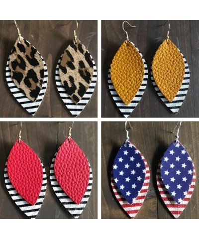 Boho Leather Earrings for Women Girls Layered Teardrop Leather Earrings American Flag Sequin Leopard Leather Drop Earrings Go...