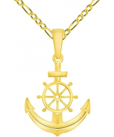 14k Yellow Gold Ship Wheel and Anchor Charm Nautical Pendant with Rolo Cable, Cuban Curb, or Figaro Chain Necklaces 22.0 Inch...