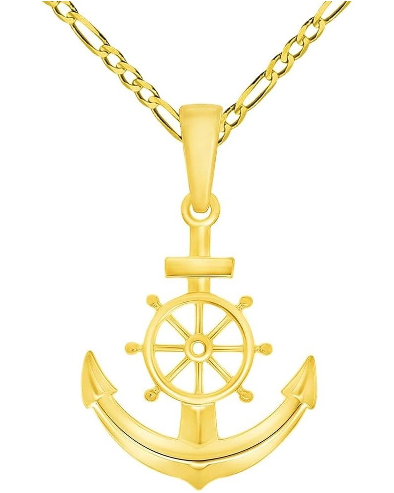 14k Yellow Gold Ship Wheel and Anchor Charm Nautical Pendant with Rolo Cable, Cuban Curb, or Figaro Chain Necklaces 22.0 Inch...