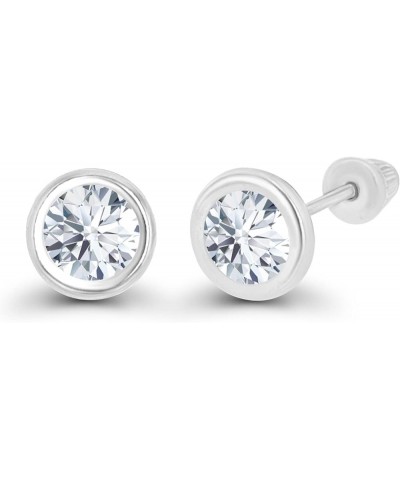 Solid 14K Gold Hypoallergenic 5mm Round Solitaire Birthstone Bezel Screw Back Stud Earrings Created-White-Sapphire White Gold...