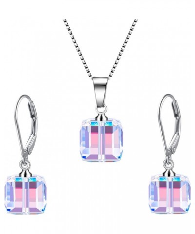 8mm Sugar Cube Crystal Jewelry D Sets Pendant Earrings with Swarovski Crystals 20 inch Necklace,D Style Leverback Ear Hook Wo...