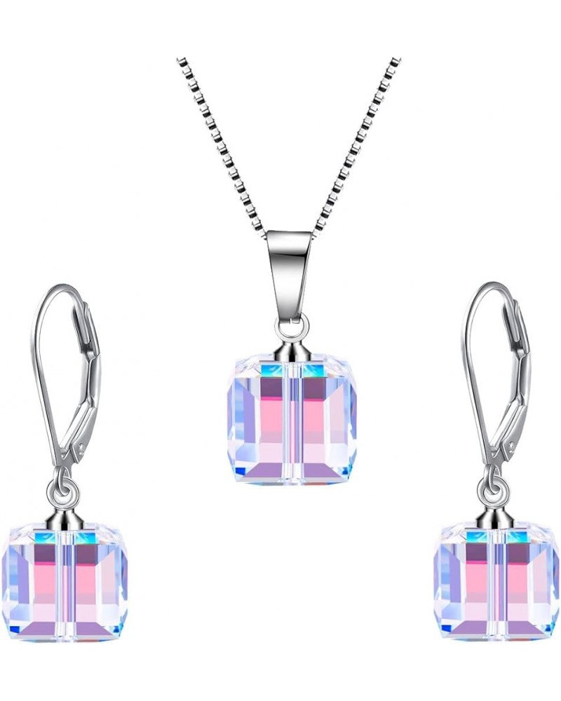 8mm Sugar Cube Crystal Jewelry D Sets Pendant Earrings with Swarovski Crystals 20 inch Necklace,D Style Leverback Ear Hook Wo...