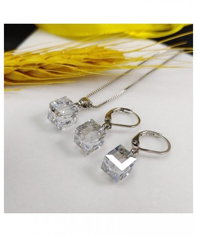 8mm Sugar Cube Crystal Jewelry D Sets Pendant Earrings with Swarovski Crystals 20 inch Necklace,D Style Leverback Ear Hook Wo...