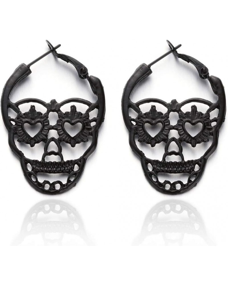 Women's Sugar Skull Earrings Gothic Halloween Hoop Earring Set, Dia de los Meurtos, Day of the Dead Jewelry Black Skull $12.5...