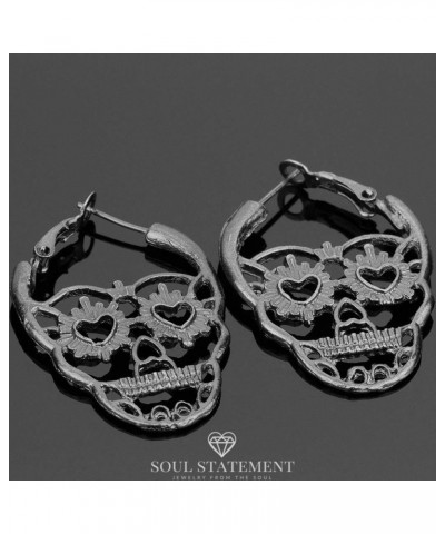 Women's Sugar Skull Earrings Gothic Halloween Hoop Earring Set, Dia de los Meurtos, Day of the Dead Jewelry Black Skull $12.5...