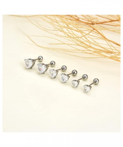 3 Pairs Surgical Stainless Steel Screw Back Stud Earrings, Heart Square Princess Cut Horse Eye Teardrop Triangle Cubic Zircon...