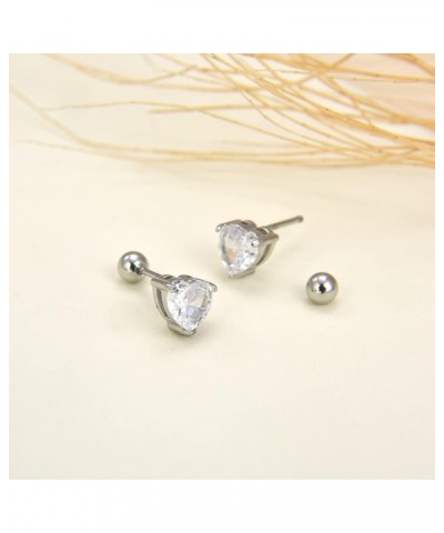 3 Pairs Surgical Stainless Steel Screw Back Stud Earrings, Heart Square Princess Cut Horse Eye Teardrop Triangle Cubic Zircon...