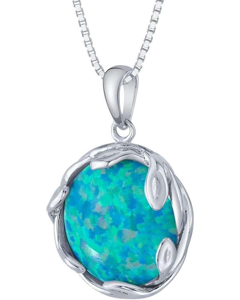 3 Carats Created Teal Blue Green Fire Opal Pendant Necklace for Women 925 Sterling Silver, 14mm Round Shape Olive Leaf Vine S...