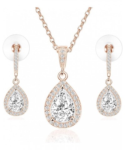 CZ Necklace and Stud Earrings Set 14K White Rose Gold Plated Wedding Jewelry for Bridal Rose Gold-5 $9.50 Jewelry Sets