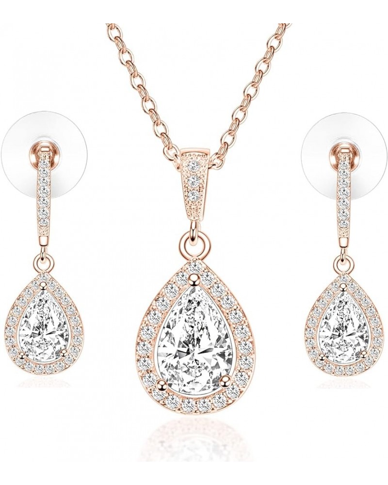 CZ Necklace and Stud Earrings Set 14K White Rose Gold Plated Wedding Jewelry for Bridal Rose Gold-5 $9.50 Jewelry Sets