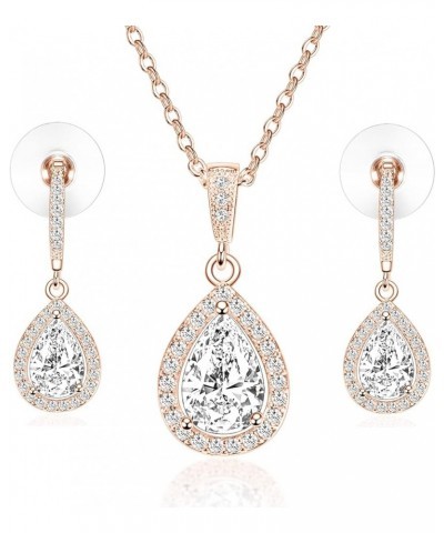 CZ Necklace and Stud Earrings Set 14K White Rose Gold Plated Wedding Jewelry for Bridal Rose Gold-5 $9.50 Jewelry Sets