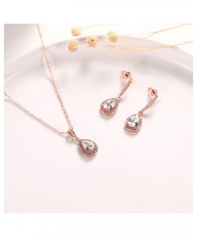 CZ Necklace and Stud Earrings Set 14K White Rose Gold Plated Wedding Jewelry for Bridal Rose Gold-5 $9.50 Jewelry Sets