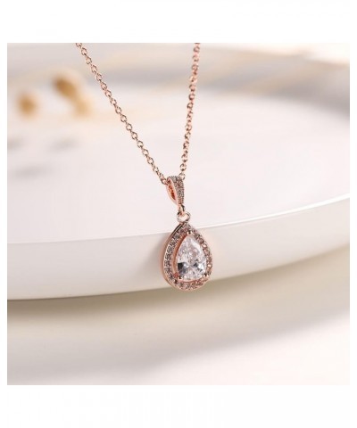 CZ Necklace and Stud Earrings Set 14K White Rose Gold Plated Wedding Jewelry for Bridal Rose Gold-5 $9.50 Jewelry Sets